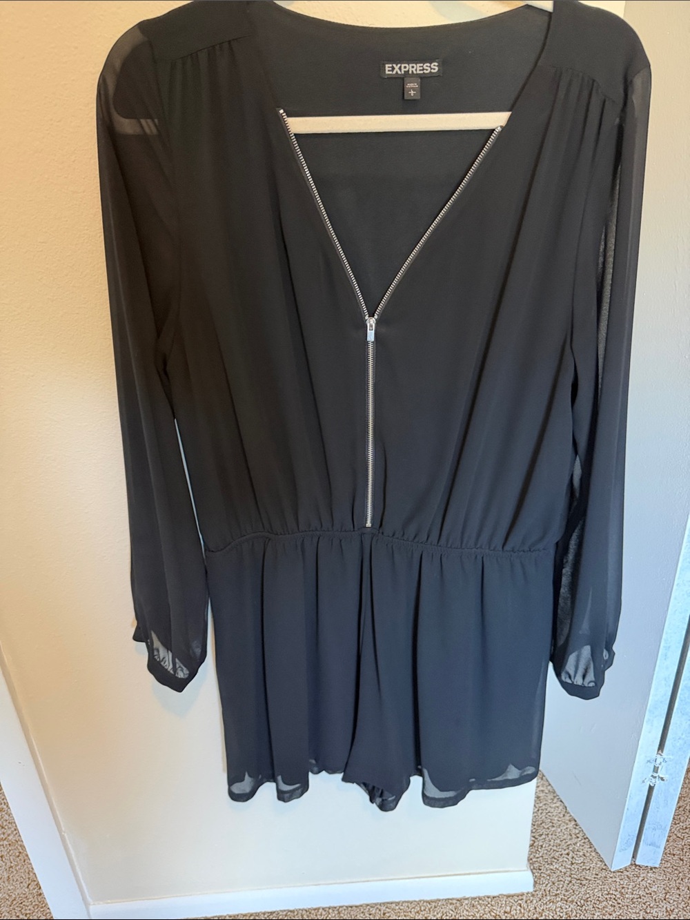 Express Black Sheer Long-Sleeve Zip Romper with Elastic Waist